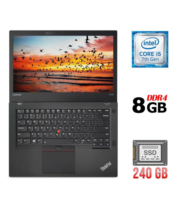 Ультрабук Б-класс Lenovo ThinkPad T470 / 14&quot; (1366x768) TN / Intel Core i5-7300U (2 (4) ядра по 2.6 - 3.5 GHz) / 8 GB DDR4 / 240 GB SSD / Intel HD Graphics 620 / WebCam / Fingerprint / USB 3.1 / HDMI - 1