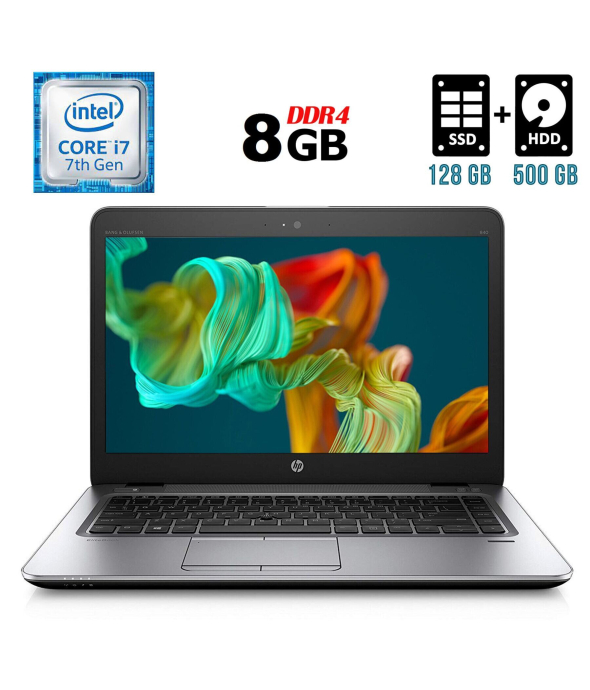 Ноутбук Б-класс HP EliteBook 840 G4 / 14&quot; (2560x1440) IPS / Intel Core i7-7500U (2 (4) ядра по 2.7 - 3.5 GHz) / 8 GB DDR4 / 128 GB SSD + 500 GB HDD / Intel HD Graphics 620 / WebCam / Fingerprint / USB 3.1 / DisplayPort - 1