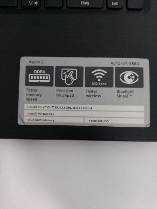 Ноутбук Б-класс Acer Aspire 3 A315-51-388U / 15.6&quot; (1366x768) TN / Intel Core i3-7020U (2 (4) ядра по 2.3 GHz) / 4 GB DDR4 / 500 GB SSD / Intel HD Graphics 620 / WebCam / DVD-ROM / HDMI + Беспроводная мышка в подарок - 4