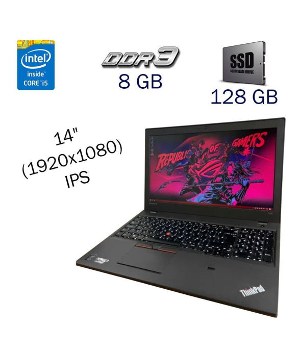 Ноутбук Lenovo ThinkPad T550 / 14&quot; (1920x1080) IPS / Intel Core i5-5300U (2 (4) ядра по 2.3 - 2.9 GHz) / 8 GB DDR3 / 128 GB SSD / Intel HD Graphics 5500 / WebCam / Fingerprint / Windows 10 PRO Lic - 1