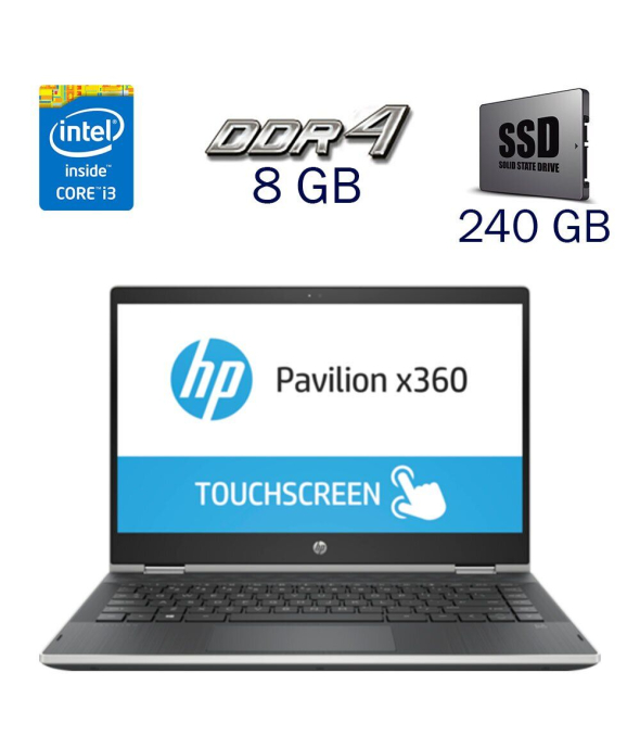 Ноутбук-трансформер HP Pavilion X360m 14m-cd / 14&quot; (1366x768) TN Touch / Intel Core i3-8130U (2 (4) ядра по 2.2 - 3.4 GHz) / 8 GB DDR4 / 240 GB SSD / Intel UHD Graphics 620 / WebCam - 1